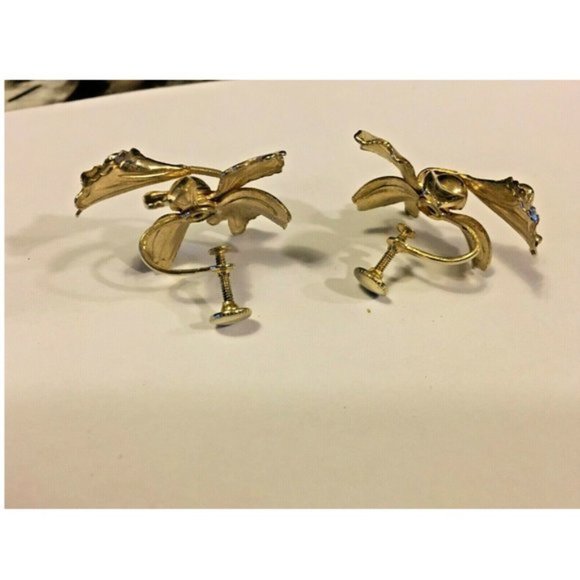 Vintage Orchid Flower Floral Purple Enamel Gold Tone ScrewOn Back Earrings Retro - Picture 3 of 4